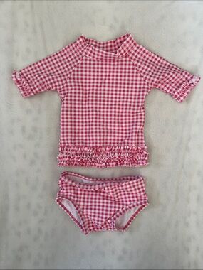 Ruffle Butts Pink Gingham Girls Rash Guard Swim Set